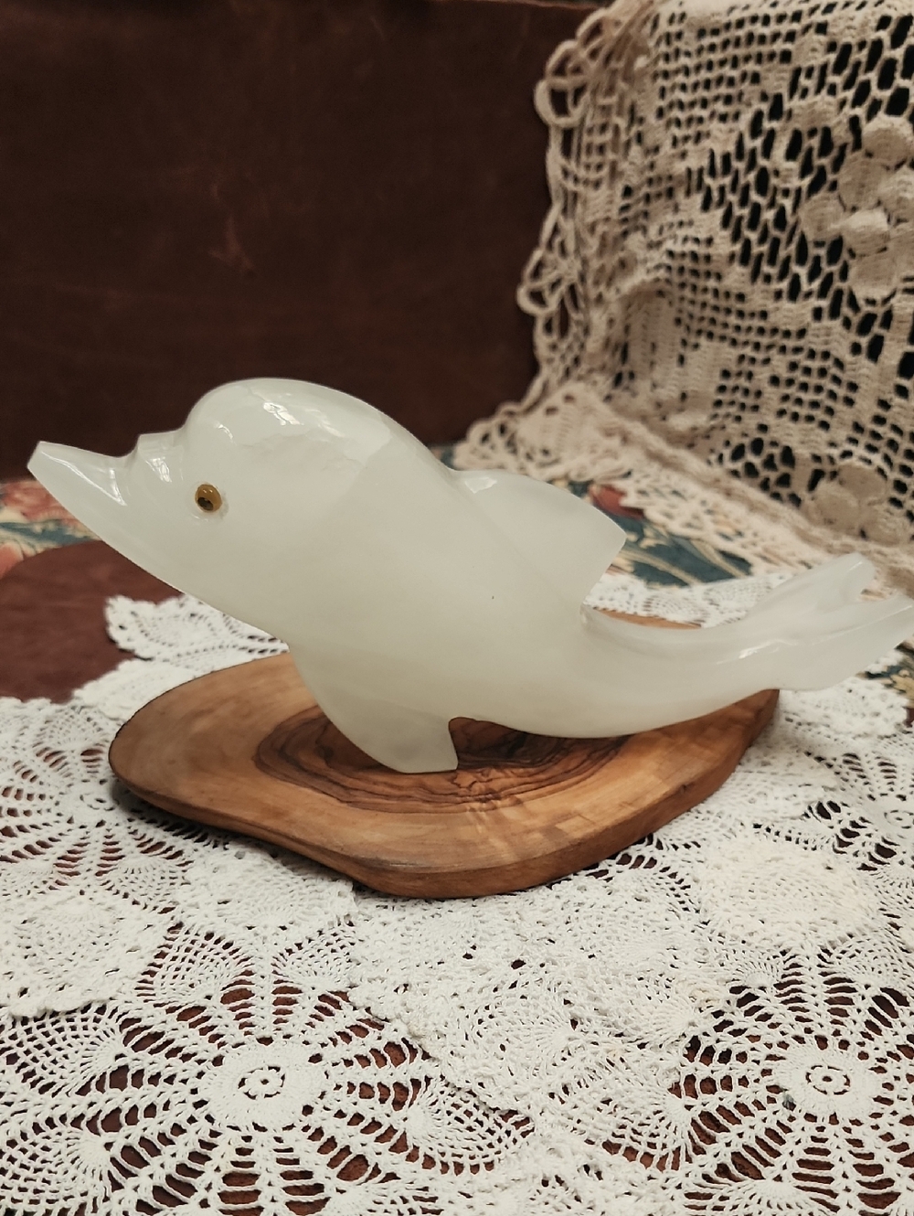 80s Banded White Onyx XL Carved White Dolphin Figurine